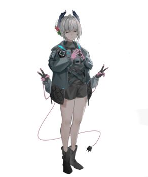 1girl absurdres arknights black_boots black_gloves black_jacket black_shirt black_shorts boots chinese_commentary closed_eyes closed_mouth commentary double_v electric_plug electric_plug_tail extra_arms facing_viewer full_body gloves grey_hair highres jacket jagaimo_(fkpx3827) knee_boots long_sleeves open_clothes open_jacket own_hands_together pink_gloves raidian_(arknights) shirt short_hair shorts simple_background smile solo standing steepled_fingers tail v white_background