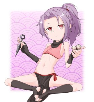 1girl arasi379 bare_shoulders black_gloves black_loincloth black_scarf black_socks closed_mouth cropped_kimono eyelashes female_focus fingerless_gloves flat_chest full_body gloves hands_up holding holding_kunai holding_weapon japanese_clothes japanese_text kimono knees_apart_feet_together kosode kunai kunoichi_tsubaki_no_mune_no_uchi leaning_back loincloth loli looking_at_viewer medium_hair midriff navel ninja pink_kimono ponytail purple_hair red_eyes sazanka_(kunoichi_tsubaki_no_mune_no_uchi) scarf serious sitting sleeveless sleeveless_kimono socks solo spread_legs stirrup_legwear toeless_legwear two-tone_background w_arms weapon white_background