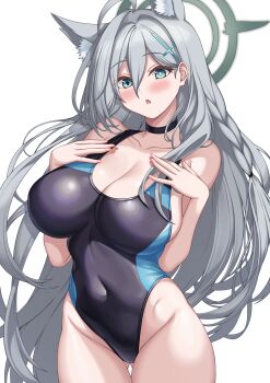 1girl absurdres alternate_costume animal_ear_fluff animal_ears black_one-piece_swimsuit blue_archive blue_eyes blue_halo blush breasts cleavage commentary competition_swimsuit cross_hair_ornament extra_ears grey_hair hair_between_eyes hair_ornament halo highleg highleg_one-piece_swimsuit highres huge_breasts korean_commentary long_hair one-piece_swimsuit open_mouth shiroko_terror_(blue_archive) sideboob solo swimsuit very_long_hair wolf_ears wolf_girl yebiyong_cream_bun