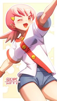 1girl blue_shorts blush breasts commentary_request creape hair_ornament hairclip highres long_hair looking_at_viewer medium_breasts nintendo one_eye_closed open_mouth pink_eyes pink_hair pokemon pokemon_hgss shirt short_sleeves shorts smile solo white_shirt whitney_(pokemon)