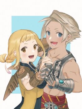 1boy 1girl aqua_background armor armored_gloves bare_shoulders blonde_hair blue_eyes bodysuit border braid brown_eyes couple cropped_vest final_fantasy final_fantasy_xii hetero holding_hands leather_armor minabe_(mi-nabe) open_mouth penelo short_bangs short_hair shoulder_armor sidelocks silver_trim smile twin_braids upper_body vaan_(ff12) vest white_border yellow_bodysuit