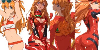1girl alternate_costume aoico_blue8 bikini blue_eyes bodysuit breasts curvy floating_hair hair_down japanese_clothes kimono long_hair looking_at_viewer mecha_pilot_suit multiple_views neon_genesis_evangelion plugsuit_(evangelion) red_bodysuit red_kimono shiny_clothes solo souryuu_asuka_langley striped_bikini striped_clothes swimsuit torn_bodysuit torn_clothes twintails wide_hips