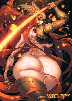 1girl 2024 absurdres ass asymmetrical_clothes asymmetrical_legwear back black_background breasts bug butt_crack butterfly collarbone commentary contrapposto covered_eyes cowboy_shot elden_ring english_commentary facing_viewer female_focus floating_hair fromsoftware glowing glowing_weapon gofa gold helmet highres holding holding_sword holding_weapon huge_ass insect large_breasts lipstick long_hair makeup malenia_blade_of_miquella shaded_face sideboob simple_background solo spread_fingers standing sword thick_thighs thighs very_long_hair weapon wide_hips winged_helmet