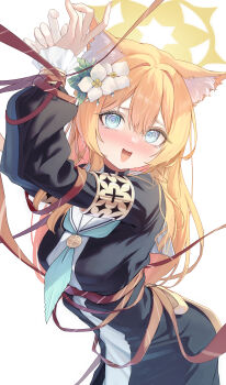 1girl :d @_@ absurdres animal_ear_fluff animal_ears blue_archive blush bound breasts cat_ears chiu538 commentary embarrassed flower hair_flower hair_ornament halo highres leaning_forward long_hair looking_at_another mari_(blue_archive) neckerchief nun open_mouth orange_hair red_ribbon ribbon simple_background small_breasts smile solo tied_up_(nonsexual) white_background yellow_halo
