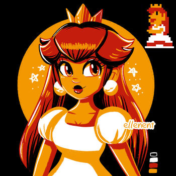 1girl 8-bit black_background breasts cleavage colored_skin crown derivative_work dress earrings ellenent jewelry long_hair looking_at_viewer mario_(series) meme nintendo official_alternate_color orange_skin princess_peach princess_toadstool_redraw_(meme) puffy_short_sleeves puffy_sleeves red_eyes red_hair short_sleeves simple_background smile solo sprite_redraw super_mario_bros._1 white_dress