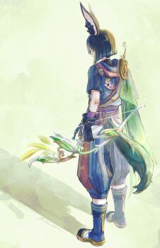 1boy absurdres animal_ear_fluff animal_ears black_gloves black_hair black_pants black_shoes bow_(weapon) commentary fox_boy fox_ears fox_tail from_behind full_body genshin_impact gloves highres holding holding_bow_(weapon) holding_weapon hood hood_down hunter&#039;s_path_(genshin_impact) male_focus medium_hair oimo_(0o_oimo_) pants shadow shoes solo standing symbol-only_commentary tail tighnari_(genshin_impact) weapon