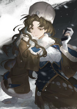 1girl absurdres arm_support black_hair brown_jacket brown_skirt fur_hat gloves green_eyes hand_up hat high-waist_skirt highres holding holding_walkie-talkie jacket looking_at_viewer moldir_(reverse:1999) panmee papakha reverse:1999 scarf sitting skirt snow snowing solo sweater upper_body walkie-talkie white_gloves white_hat white_scarf white_sweater