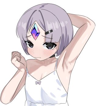 Rule 34 | 1girl, arm behind head, arm up, armpit focus, armpits, black choker, black eyes, blush, bob cut, camisole, choker, closed mouth, fang, flat chest, forehead jewel, gurumie, highres, hololive, hololive english, looking at viewer, pebble (koseki bijou), presenting armpit, purple hair, short hair, solo, sweat, upper body, virtual youtuber, white background, white camisole
