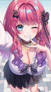 1girl absurdres amesuku_gyaru ami_no_fuda arm_up barbell_piercing black_skirt blue_bow blue_bowtie blue_eyes blush bow bowtie braid breasts button_gap cleavage collared_shirt cowboy_shot ear_piercing earrings gradient_hair green_nails gyaru hair_bow hair_ornament hair_ribbon hairclip highres industrial_piercing jewelry kogal kuramochi_meruto kuramochi_meruto_(school_uniform) large_breasts long_hair looking_at_viewer loose_bowtie miniskirt multicolored_hair multiple_necklaces nijisanji one_eye_closed parted_lips partially_unbuttoned pavement piercing pink_hair plaid_bow plaid_bowtie plaid_clothes pleated_skirt purple_hair ribbon school_uniform selfie shirt side_braid simple_background skirt smile solo teeth tented_shirt thighs tied_shirt v virtual_youtuber white_shirt