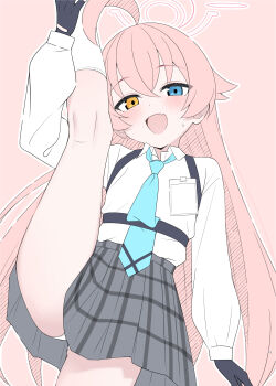 1girl :d absurdres ahoge black_gloves black_skirt blue_archive blue_eyes blue_necktie chest_harness collared_shirt commentary_request dot_nose dress_shirt duplicate fang fingerless_gloves flat_chest gloves gluteal_fold hair_between_eyes halo harness heterochromia highres hoshino_(blue_archive) huge_ahoge id_card kneepits leg_up loli long_hair long_sleeves looking_at_viewer miniskirt mistel_(sukebemistel) necktie open_mouth outline panties panty_peek pantyshot pink_background pink_hair pink_halo pixel-perfect_duplicate plaid_clothes plaid_skirt pleated_skirt puffy_long_sleeves puffy_sleeves shirt shirt_tucked_in simple_background skin_fang skirt smile socks solo split standing standing_on_one_leg standing_split sweatdrop underwear very_long_hair white_outline white_panties white_shirt white_socks yellow_eyes