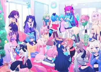 6+girls animal_ears artist_request black_hair blonde_hair blue_hair card cat_ears cat_girl cat_tail character_request christmas_ornaments christmas_tree chromashift commentary ekkomori english_commentary ferumi_kaipa food fruit green_hair highres horns indie_virtual_youtuber midriff multiple_girls open_mouth orange_(fruit) phase_connect pillowdear pink_hair playing_card poko_rakun raccoon_tail remilia_nephys scarf smile sopralto striped_clothes striped_thighhighs sweater tail thighhighs virtual_youtuber white_hair window