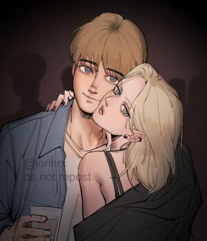 1boy 1girl annie_leonhart arm_around_neck armin_arlert blonde_hair blue_eyes blue_shirt blurry blurry_background collared_shirt couple cup hetero holding holding_cup jorlerx looking_at_viewer medium_hair nail_polish parted_bangs shingeki_no_kyojin shirt shirt_under_shirt short_hair simple_background smile spaghetti_strap twitter_username upper_body white_shirt