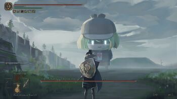 absurdres blonde_hair bow_(weapon) brown_headwear cape cliff cloud cloudy_sky commentary deerstalker elden_ring english_commentary fake_screenshot giant glowing glowing_eyes hat heads-up_display health_bar highres holding holding_bow_(weapon) holding_weapon hololive hololive_english mazumaro mountainous_horizon necktie outdoors painterly parody pleated_skirt red_necktie shield skirt sky smile smol_ame sword tree user_interface virtual_youtuber watson_amelia weapon