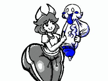 1girl animated animated_gif ass blue_tongue bow character_request colored_tongue cum dripping flipnote_studio_(medium) ghost greyscale handjob huge_ass huge_penis huge_testicles looking_at_another milking_handjob monochrome original pants penis shirt short_hair simple_background smile testicles thatartistann thick_thighs thighs tongue tongue_out track_pants veins veiny_penis white_background