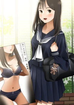 1girl arms_behind_back bag black_eyes black_hair blouse blue_sailor_collar blue_shirt blue_skirt bow bow_bra bow_panties bra day highres lace lace-trimmed_bra lace-trimmed_panties lace_trim light_blush long_sleeves looking_at_viewer medium_hair miniskirt mole mole_under_mouth navel neckerchief open_mouth original outdoors panties pen-racket photo_(object) pleated_skirt sailor_collar school_bag school_uniform shirt skirt smile standing strap_slip stuffed_animal stuffed_toy teddy_bear translated underwear underwear_only undressing white_neckerchief