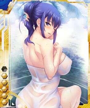Rule 34 | 1girl, bath, breasts, card (blue-ur), card (medium), card (ur), covered erect nipples, female focus, large breasts, naked towel, nobushito kuro, one eye closed, scar, see-through clothes, sitting, skindentation, solo, taimanin (series), taimanin asagi battle arena all card gallery, taimanin asagi kessen arena, towel, water, yukishiro misao