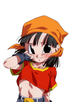 1girl bandana belt black_belt black_eyes black_gloves black_hair closed_mouth collarbone commentary_request dragon_ball dragon_ball_gt fingerless_gloves gloves looking_at_viewer midriff navel orange_bandana pan_(dragon_ball) red_shirt rom_(20) shirt short_hair short_sleeves simple_background smile solo upper_body white_background