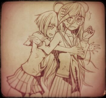 Rule 34 | 2girls, ahoge, break time4, collarbone, collared shirt, commentary request, danganronpa (series), danganronpa another episode: ultra despair girls, eyelashes, fukawa toko, glasses, hair between eyes, hair ornament, hairclip, highres, hug, hug from behind, long hair, long sleeves, mole, mole under mouth, monochrome, multiple girls, naegi komaru, neckerchief, open mouth, round eyewear, sailor collar, school uniform, serafuku, shirt, short hair, skirt, smile, surprised, sweatdrop, torn clothes, torn neckerchief, traditional media