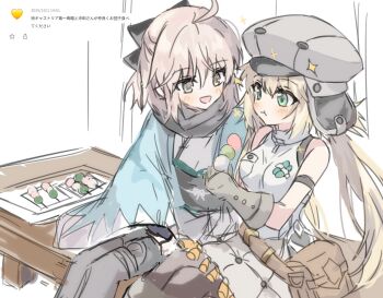 2girls :t ahoge arm_strap armor artoria_caster_(fate) artoria_caster_(first_ascension)_(fate) artoria_pendragon_(fate) bag bare_arms bare_shoulders black_bow black_pantyhose black_scarf blonde_hair blue_haori blush boots bow breasts brown_bag chewing closed_mouth dango eating fate/grand_order fate_(series) food bad_tag gloves green_eyes grey_eyes grey_gloves grey_hat grey_sash grey_skirt hair_between_eyes hair_bow half_updo haori hat highres holding holding_food japanese_armor japanese_clothes kimono knee_boots kote kurokote medium_breasts multiple_girls newsboy_cap obi obijime okita_souji_(fate) okita_souji_(koha-ace) okita_souji_(third_ascension)_(fate) pantyhose quilted_clothes quilted_skirt request_inset sanshoku_dango sash satchel scarf shinsengumi shirt short_hair short_kimono side-by-side sitting sketch skirt sleeveless sleeveless_shirt sparkle sparkling_aura syst098 translation_request turtleneck turtleneck_shirt twintails wagashi white_kimono white_shirt