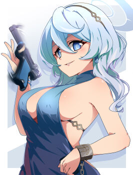 1girl ako_(blue_archive) ako_(dress)_(blue_archive) bare_shoulders blue_archive blue_dress blue_eyes blue_hair blue_halo border breasts commentary_request dress grin gun halo handgun highres large_breasts looking_at_viewer luger_p08 necono_(nekonosora1207) outside_border sideboob smile solo spinning_gun spinning_weapon upper_body weapon white_border