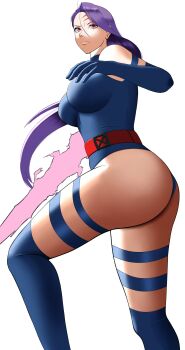 Rule 34 | 1girl, absurdres, ass, breasts, elbow gloves, energy blade, energy sword, from below, gloves, highres, leotard, long hair, looking at viewer, looking down, marvel, marvel vs. capcom, marvel vs. capcom 2, poketune, psylocke, purple hair, scar, scar on face, solo, sword, thighs, weapon, x-men