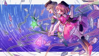 Rule 34 | 1up, 2girls, absurdres, back ribbon, bamboo shoot, black hat, black ribbon, black socks, bomb item (touhou), brown hair, chinese commentary, commentary request, dress, fang, frilled dress, frills, green dress, green hair, green shoes, hat, highres, holding, holding bamboo shoot, leg up, multiple girls, nishida satono, open mouth, pink dress, pink shoes, puffy short sleeves, puffy sleeves, purple eyes, red eyes, ribbon, shoes, short hair with long locks, short sleeves, shouxishao jiuyuan, smile, socks, teireida mai, touhou