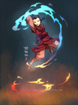 1girl avatar:_the_last_airbender avatar_legends azula black_hair blue_fire chinese_clothes element_bending female_focus fire jumping kellylee lipstick makeup pyrokinesis solo topknot yellow_eyes