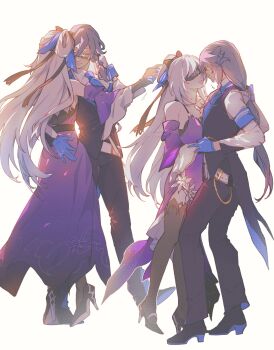 2girls black_pants black_vest blue_gloves blue_necktie coattails commentary covered_eyes dancing dress english_commentary fu_hua glasses gloves grey_hair highres honkai:_star_rail honkai_(series) honkai_impact_3rd jingliu_(honkai:_star_rail) long_hair multiple_girls necktie pants purple_dress shirt suimi_esse tailcoat very_long_hair vest white_hair white_shirt yuri