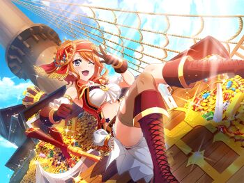 1girl axe bandana battle_axe boots breasts brown_boots brown_gloves coin crown ebisu_tsukasa game_cg gloves gold_coin knee_boots looking_at_viewer medium_breasts navel official_art one_eye_closed open_mouth orange_hair pirate_ship purple_eyes red_bandana shoujo_kageki_revue_starlight shoujo_kageki_revue_starlight_-re_live- sitting solo stomach treasure_chest upper_body w weapon