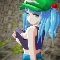 1girl 3d animated blue_eyes blue_hair bouncing_breasts breasts clothes_lift flashing from_behind kawashiro_nitori large_breasts lifting_own_clothes looking_at_viewer looking_back mofumoko5 naughty_face nipples presenting seductive_gaze seductive_smile shirt_lift sideboob skirt smile solo tagme touhou twintails underboob video