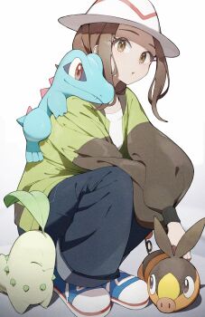 1girl bell-bottoms belt breasts brown_eyes brown_hair chikorita closed_eyes closed_mouth fang gen_2_pokemon gen_5_pokemon green_jacket harmony_(pokemon) hat highres jacket leaf long_sleeves looking_at_viewer nintendo open_clothes open_jacket open_mouth pants parted_lips pig pokemon pokemon_(creature) pokemon_legends:_z-a rindoriko shirt short_hair simple_background smile squatting starter_pokemon_trio striped_hat tail tepig totodile white_hat white_shirt