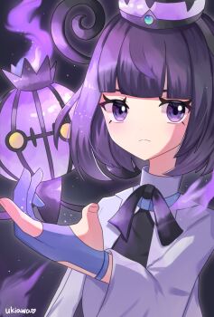 1girl artist_name awaw_tktk black_dress blunt_bangs bob_cut chandelure coat dress eyelashes frown gen_5_pokemon gloves gwynn_(pokemon) hat highres long_sleeves looking_at_viewer nintendo open_clothes open_coat partially_fingerless_gloves pokemon pokemon_(creature) pokemon_legends:_z-a purple_eyes purple_hair short_hair upper_body white_coat