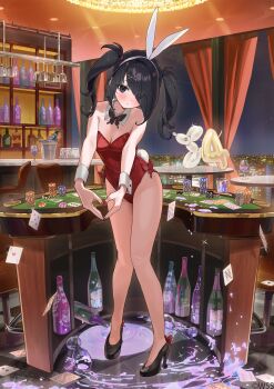 1girl absurdres ame-chan_(needy_girl_overdose) ame-chan_(playboy_bunny)_(needy_girl_overdose) animal_ear_hairband animal_ears balloon balloon_animal bare_legs bare_shoulders black_hair black_shoes bottle breasts bucket card ceiling ceiling_light champagne_bottle cleavage closed_mouth counter cup curtains detached_collar fake_animal_ears full_body hairband heart heart_hands high_heels highres indoors leotard long_hair looking_at_viewer medium_breasts needy_girl_overdose number_balloon official_art oici_ne playboy_bunny playing_card poker_chip poker_table rabbit_ear_hairband rabbit_ears rabbit_tail red_leotard second-party_source shoes solo spill standing strapless strapless_leotard table tail twintails v_arms white_hairband window wrist_cuffs