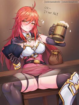 Rule 34 | 1girl, armor, bouncing breasts, breasts, cape, cermia (epic seven), cleft of venus, elbow gloves, epic seven, female focus, gloves, panties, rebe11, red eyes, red hair, solo, spread legs, thighhighs, underwear, wedgie