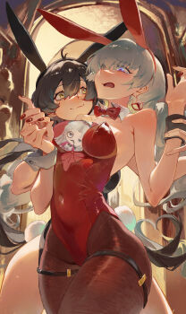 Rule 34 | 2girls, absurdres, ahoge, animal ear hairband, animal ears, bare shoulders, black hair, black leotard, blush, bow, bowtie, breasts, carlotta (wuthering waves), censored, earrings, fake animal ears, female rover (wuthering waves), grey hair, hair between eyes, hairband, highres, incredibly absurdres, jewelry, leotard, liudaohai6001, long hair, medium breasts, multiple girls, nail polish, novelty censor, pantyhose, phrolova (wuthering waves), playboy bunny, rabbit ear hairband, rabbit ears, red bow, red leotard, red nails, rover (wuthering waves), short hair, tears, wuthering waves, yellow eyes