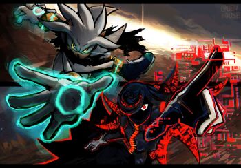 1boy 1girl alternate_design artist_name black_cape cape commentary english_commentary furry furry_male gloves hair_over_one_eye hedgehog_boy highres long_hair neo_sage_(sonic) obvhouse pointing red_eyes sage_(sonic) silver_the_hedgehog sonic_(series) white_gloves yellow_eyes