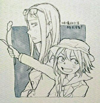 Rule 34 | 2girls, asakusa midori, asymmetrical bangs, boonie hat, cattail, commentary, crossed arms, eizouken ni wa te wo dasu na!, eyewear on head, freckles, glasses, kanamori sayaka, long hair, multiple girls, plant, school uniform, shibahama high school uniform, short hair, taiyakikiriya10, traditional media