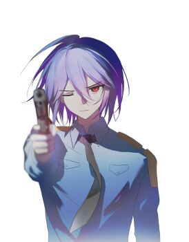 1boy aiming aiming_at_viewer black_necktie blue_shirt camille407 chinese_commentary closed_mouth collared_shirt commentary_request danganronpa_another danganronpa_another:_another_despair_academy gun hair_between_eyes handgun highres holding holding_gun holding_weapon kinjou_tsurugi long_sleeves male_focus necktie one_eye_closed purple_eyes red_eyes shirt short_hair simple_background solo upper_body weapon white_background