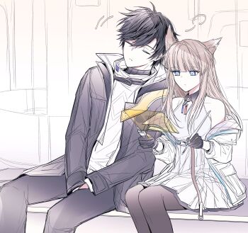 1boy 1girl absurdres arknights arknights:_endfield black_coat black_gloves black_hair black_pantyhose blue_eyes brown_hair closed_eyes coat commentary dress endministrator_(arknights) gloves grey_sweater hashtag-only_commentary head_wings highres holographic_interface jacket leaning_on_person leaning_to_the_side long_hair male_endministrator_(arknights) off_shoulder open_clothes open_coat open_jacket pantyhose perlica_(arknights) sitting sweater t_tperopero turtleneck turtleneck_sweater white_dress white_jacket wings