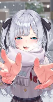 1girl :d black_ribbon blue_eyes blurry blurry_background blurry_foreground blush breath commentary_request empty_eyes grey_hair grey_jacket grey_skirt hair_ribbon highres jacket kaga_sumire kaga_sumire_(9th_costume) kiaoekakishitai long_hair looking_at_viewer open_mouth outdoors plaid_clothes plaid_skirt reaching reaching_towards_viewer ribbon scarf skirt smile snowing solo steam twintails upper_body virtual_youtuber vspo! white_scarf winter