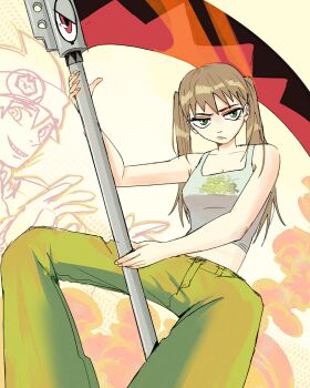 1boy 1girl absurdres blonde_hair commentary crop_top feet_out_of_frame green_eyes green_pants hashtag-only_commentary headband highres holding holding_scythe invisible_chair looking_at_viewer looking_to_the_side maka_albarn oestart pants scythe sitting smile soul_eater soul_evans symbol-only_commentary twintails