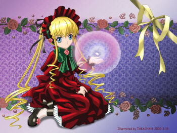 Rule 34 | 1girl, artist name, bad id, black shoes, blonde hair, blue eyes, bonnet, bow, bowtie, brooch, capelet, closed mouth, dated, dress, drill hair, drill sidelocks, floating, floating object, flower, flower brooch, footwear flower, glowing, green bow, green bowtie, hand up, jewelry, lolita fashion, long hair, long sidelocks, looking at viewer, low drills, object floating above hand, pantyhose, petals, pink flower, pink rose, red bonnet, red capelet, red dress, red flower, red rose, ribbon, rose, rose petals, rozen maiden, shinku, shoes, sidelocks, sitting, solo, takachan, twintails, very long hair, wariza, white pantyhose, yellow ribbon