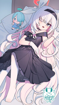 1girl absurdres alternate_costume arona_(blue_archive) artist_logo black_choker black_dress black_eyes black_hairband blue_archive blue_dress blue_eyes blue_hair blue_halo blush braid character_doll chinese_commentary choker colored_inner_hair commentary_request commission doll dress evening_gown eyes_visible_through_hair gloves hair_over_one_eye hairband halo heart heart_halo highres knee_up logo long_hair looking_at_viewer lying multicolored_hair off-shoulder_dress off_shoulder on_back on_bed open_mouth pantyhose pink_hair plana_(blue_archive) red_halo red_pupils single_braid solo very_long_hair white_gloves white_hair white_pantyhose xiamu_chiyu