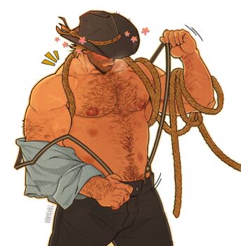 1boy arthur_morgan bara bare_pectorals beard blush brown_hair chest_hair cowboy_hat cowboy_shot facial_hair flower_symbol full_beard happy_aura hat hat_over_eyes highres ives_navarro large_pectorals male_focus mature_male motion_lines muscular muscular_male navel navel_hair nipples pants pectorals red_dead_redemption_(series) rope solo standing stomach suspenders thick_arm_hair thick_chest_hair thick_navel_hair undressing very_hairy