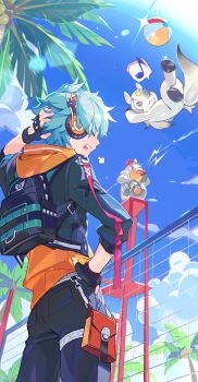 1boy absurdres anger_vein arm_behind_head backpack bag ball beachball bird black_gloves blue_hair blue_sky chain-link_fence cloud commentary duck fence fingerless_gloves fingernails gloves hand_on_own_hip highres honkai:_nexus_anima honkai_(series) hua_(honkai:_nexus_anima) jacket musical_note open_mouth outdoors palm_tree short_hair sky solo speech_bubble spoken_musical_note tree unicorn uoongpig