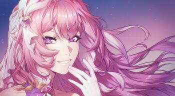 1girl bare_shoulders commentary diamond-shaped_pupils diamond_(shape) elf elysia_(herrscher_of_human:_ego)_(honkai_impact) elysia_(honkai_impact) english_commentary hair_ornament highres honkai_(series) honkai_impact_3rd long_hair pink_hair pointy_ears portrait purple_eyes purple_sky sky smile solo symbol-shaped_pupils triquetra very_long_hair zbules13