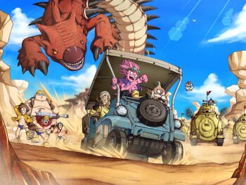 6+boys backpack bag beard beelzebub_(sand_land) bird black_gloves black_nails black_shorts blue_male_underwear boots bracelet brown_gloves brown_headwear cape carrying chasing cigarette clenched_hand cliff cloud colored_skin demon_boy desert driving facial_hair fat fat_man fleeing formal_clothes gloves goggles goggles_on_eyes goggles_on_head grey_hair grey_suit hat highres holding holding_cigarette holding_on horns jacket jewelry machine male_focus male_swimwear male_underwear military_vehicle monster motor_vehicle multiple_boys muscular muscular_male mustache necktie official_style old old_man open_mouth pink_skin pointy_ears purple_cape rao_(sand_land) red_cape red_flag red_necktie rock sand_land shorts skinny smoke smoking suit sweater swim_briefs tail tank thief_(sand_land) underwear vehicle_chase wai_(y48754085) yellow_footwear yellow_headwear yellow_jacket yellow_sweater