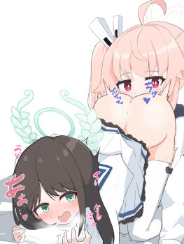 2girls ahoge airi_(blue_archive) all_fours artist_request ass black_hair blue_archive blush butt_crack clothes_lift cunnilingus face_in_ass green_eyes hair_ornament hairclip halo heart heart-shaped_pupils highres holding holding_pillow long_hair multiple_girls natsu_(blue_archive) nijihira_rone no_panties open_mouth oral pillow pink_hair red_eyes school_uniform shirt side_ponytail skirt skirt_lift sound_effects sweat symbol-shaped_pupils thighhighs top-down_bottom-up white_background white_shirt white_skirt white_thighhighs yuri