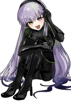 Rule 34 | 1girl, black bodysuit, black gloves, blush, bodysuit, boots, breasts, elbow gloves, fate/grand order, fate (series), giant, giantess, gimp suit, gloves, green ribbon, hair ribbon, hairband, heterochromia, high heel boots, high heels, highres, kingprotea (fate), latex, latex bodysuit, long hair, looking at viewer, medium breasts, nyokinyoki 18, o-ring, open mouth, purple eyes, purple hair, ribbon, sitting, smile, solo, very long hair, xochitonal (fate), yellow eyes