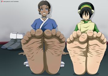 2girls avatar:_the_last_airbender avatar_legends barefoot blush dark-skinned_female dark_skin foot_focus happy katara leaning_forward looking_at_viewer multiple_girls nickelodeon presenting_feet sitting smile spread_legs teasing toenails toph_beifong